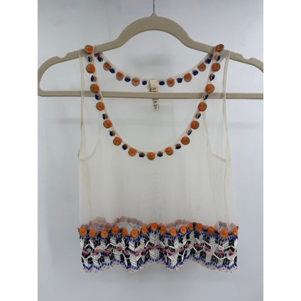 RAGA Women White Sheer Mesh Beaded Crop Top XS Festival Boho Indie Hippie